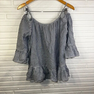 Beachlunchlounge Gray White Striped Cotton Cold Shoulder Top, Women’s Size Small